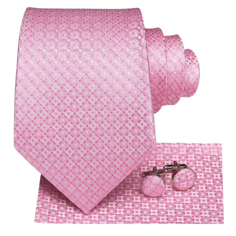 Dubulle Mens Light Pink Floral Silk Tie for Men Striped Necktie and Pocket Square Cufflinks Set Wedding Business - Image 2